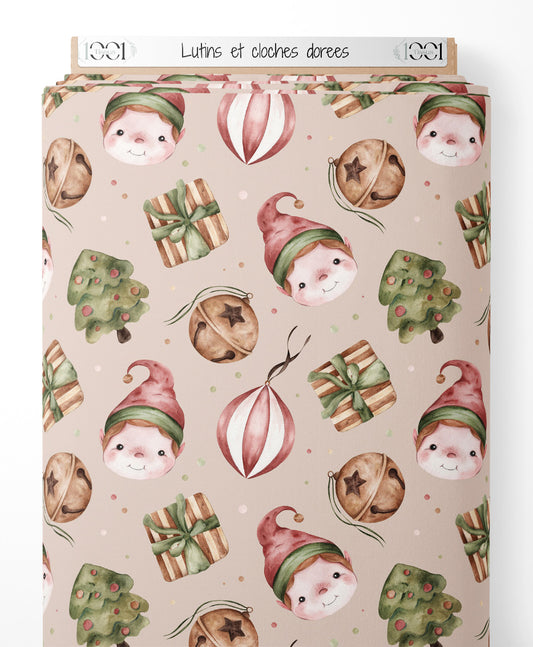 Tissu - Lutins et cloches dorées