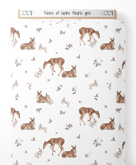 Tissu - Faons et lapins fleuris gris