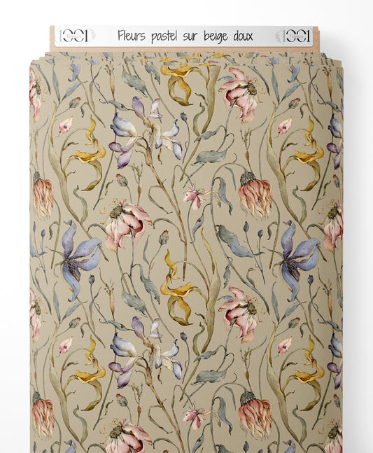 Tissu - Fleurs pastel sur beige doux