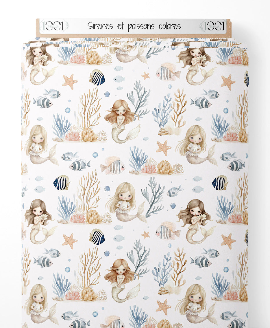 Tissu - Sirènes et poissons colorés