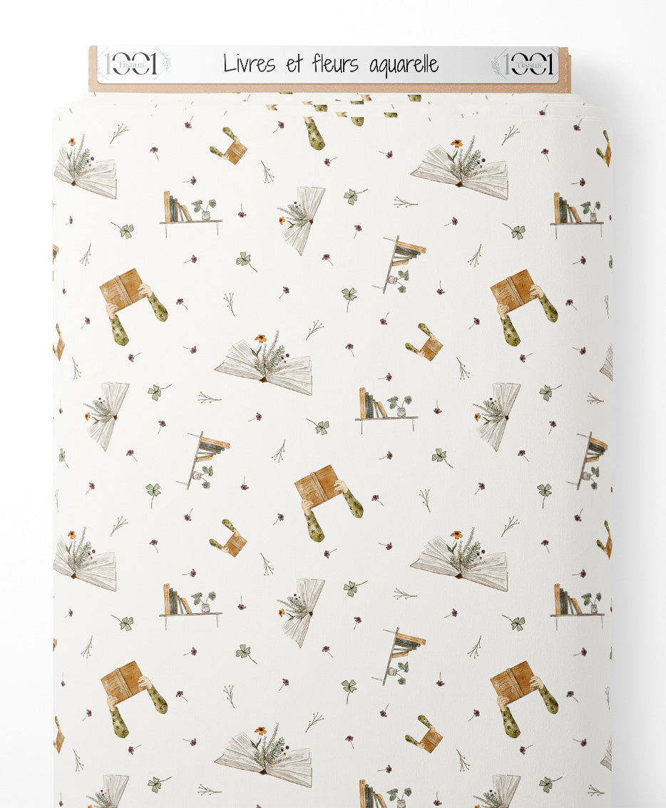 Tissu - Livres et fleurs aquarelle