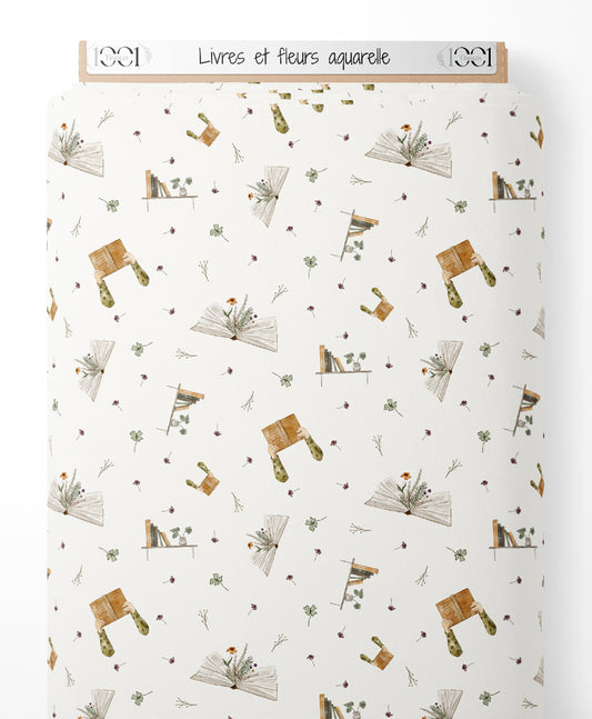 Tissu - Livres et fleurs aquarelle