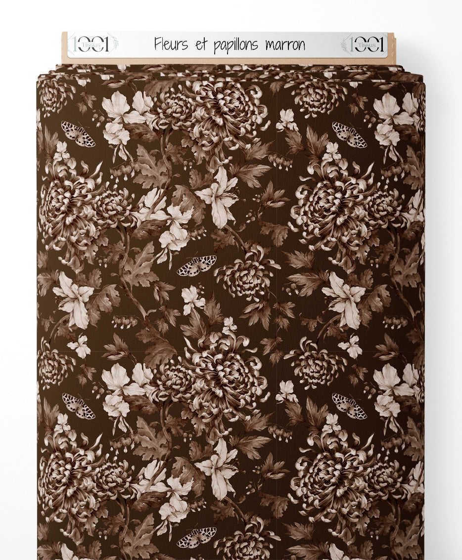 Tissu - Fleurs et papillons marron