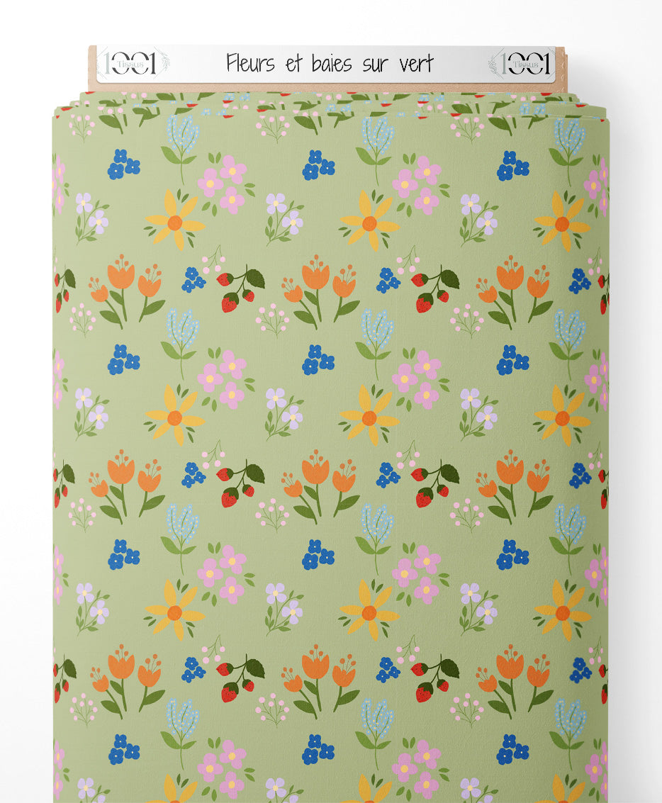 Tissu - Fleurs et baies sur vert