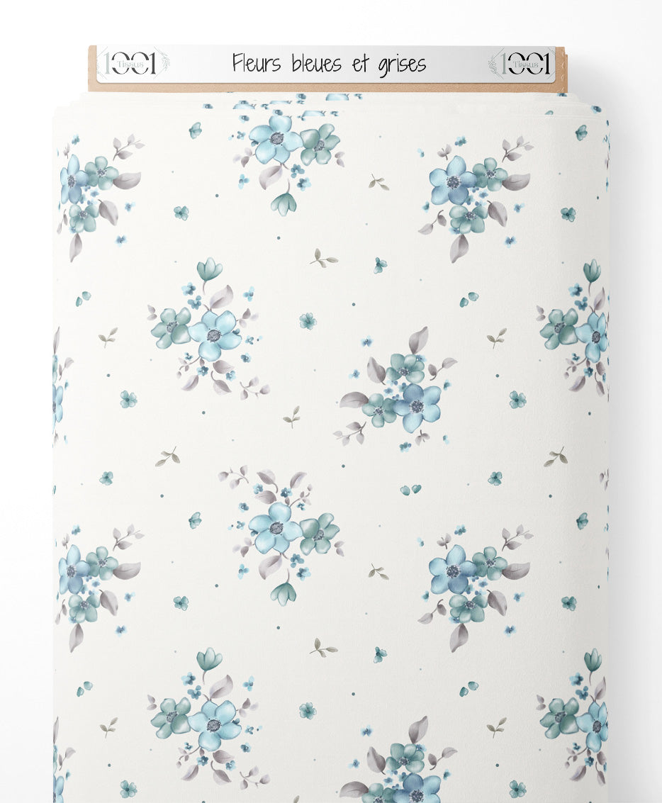 Tissu - Fleurs bleues et grises
