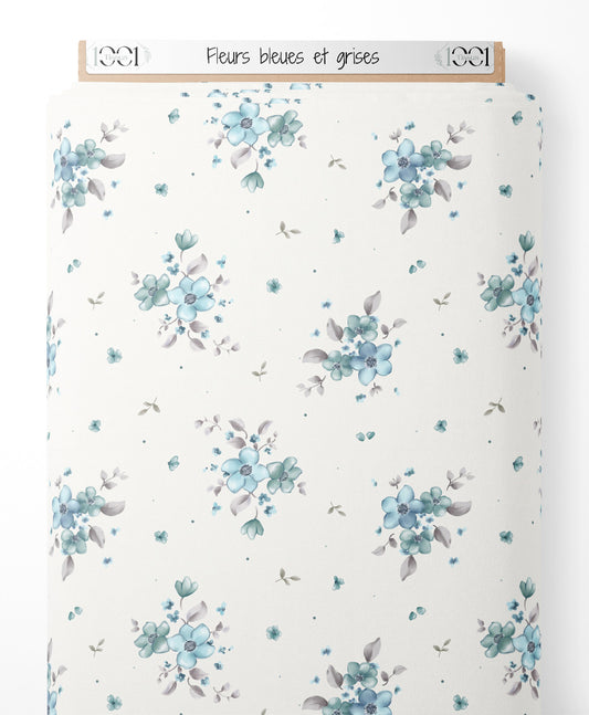 Tissu - Fleurs bleues et grises