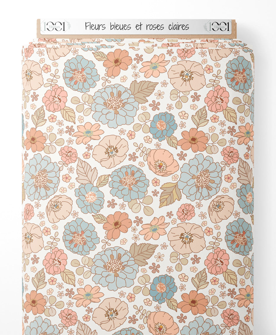 Tissu - Fleurs bleues et roses claires
