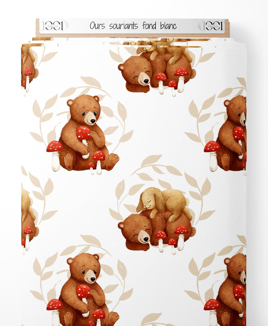 Tissu - Ours souriants sur fond blanc