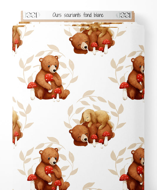 Tissu - Ours souriants sur fond blanc