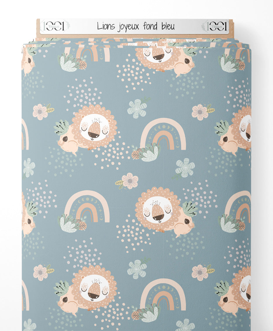 Tissu - Lions joyeux sur fond bleu
