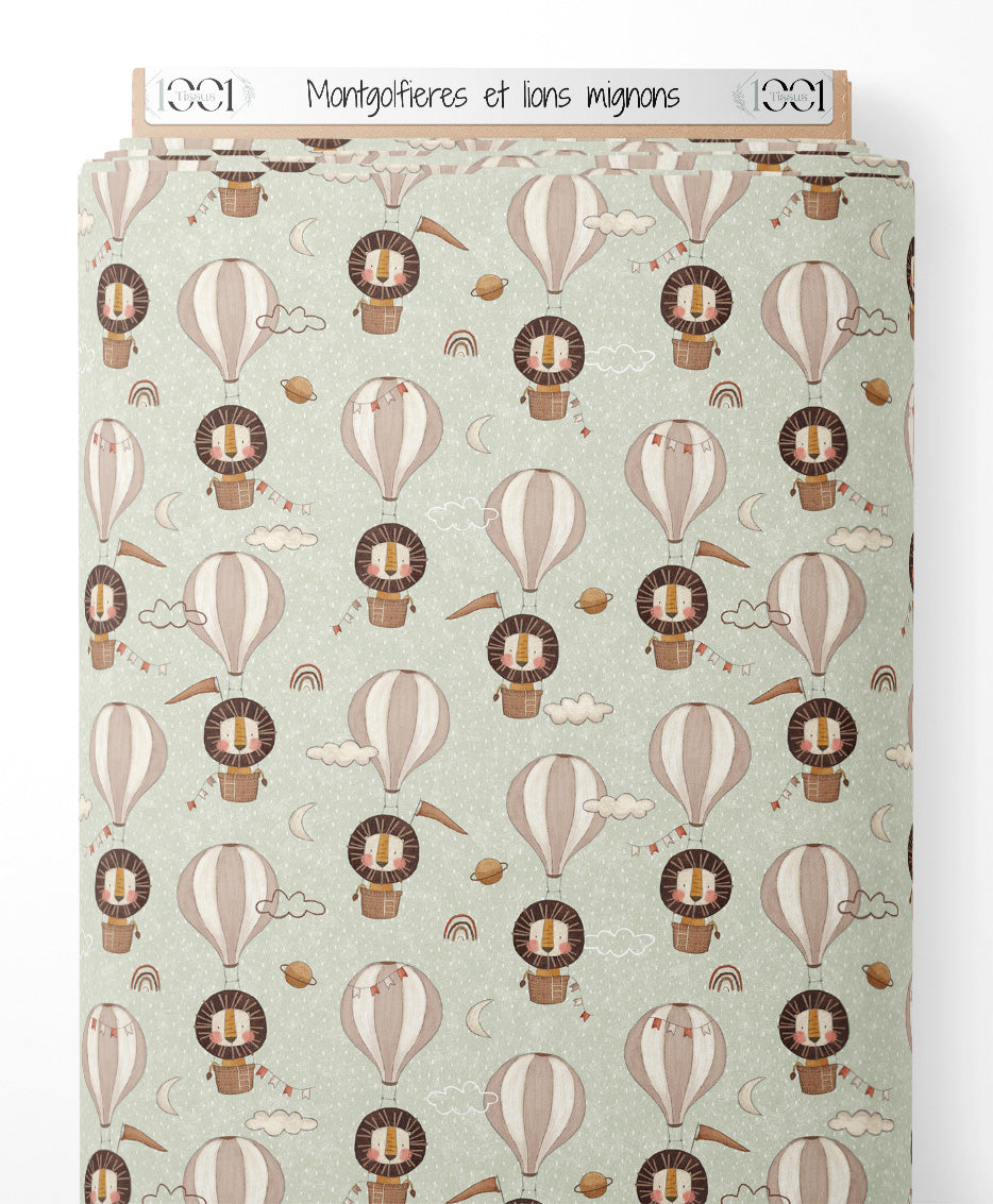 Tissu - Montgolfières et lions mignons