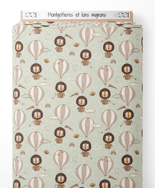 Tissu - Montgolfières et lions mignons