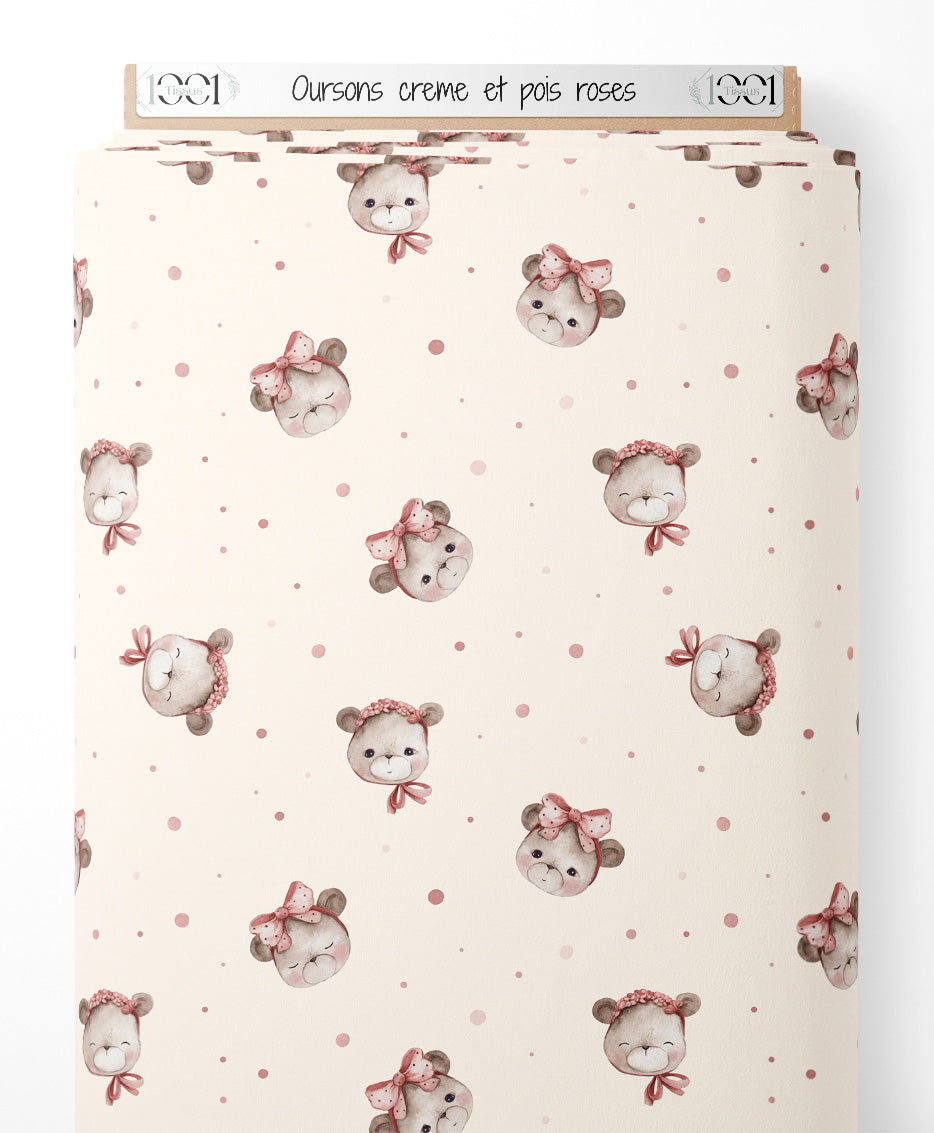 Tissu - Oursons crème et pois roses