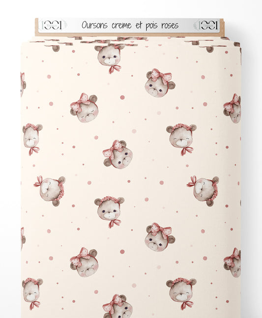 Tissu - Oursons crème et pois roses