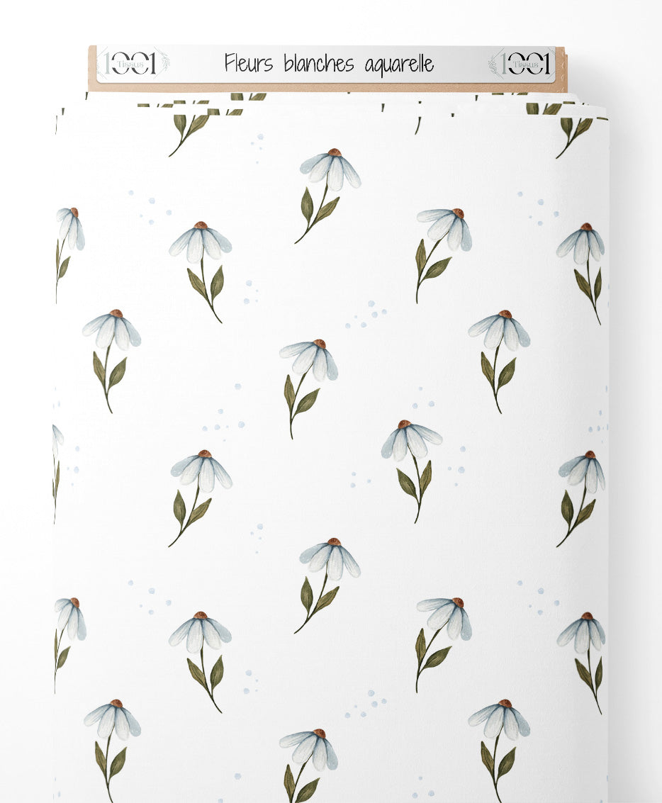Tissu - Fleurs blanches aquarelle