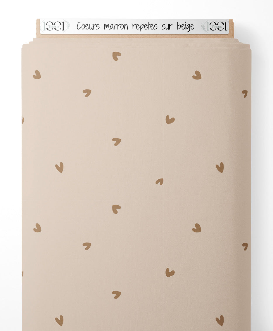 Tissu - Cœurs marron répétés sur beige