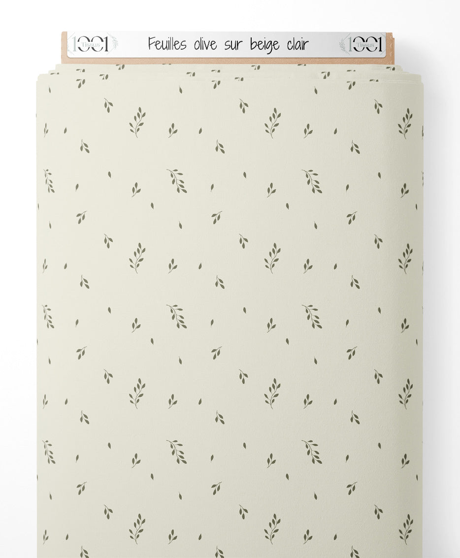 Tissu - Feuilles olive sur beige clair