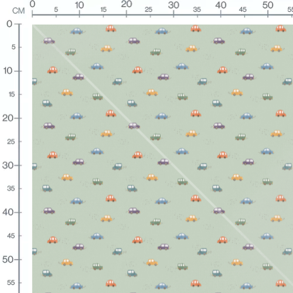 Tissu - Voitures multicolores sur vert