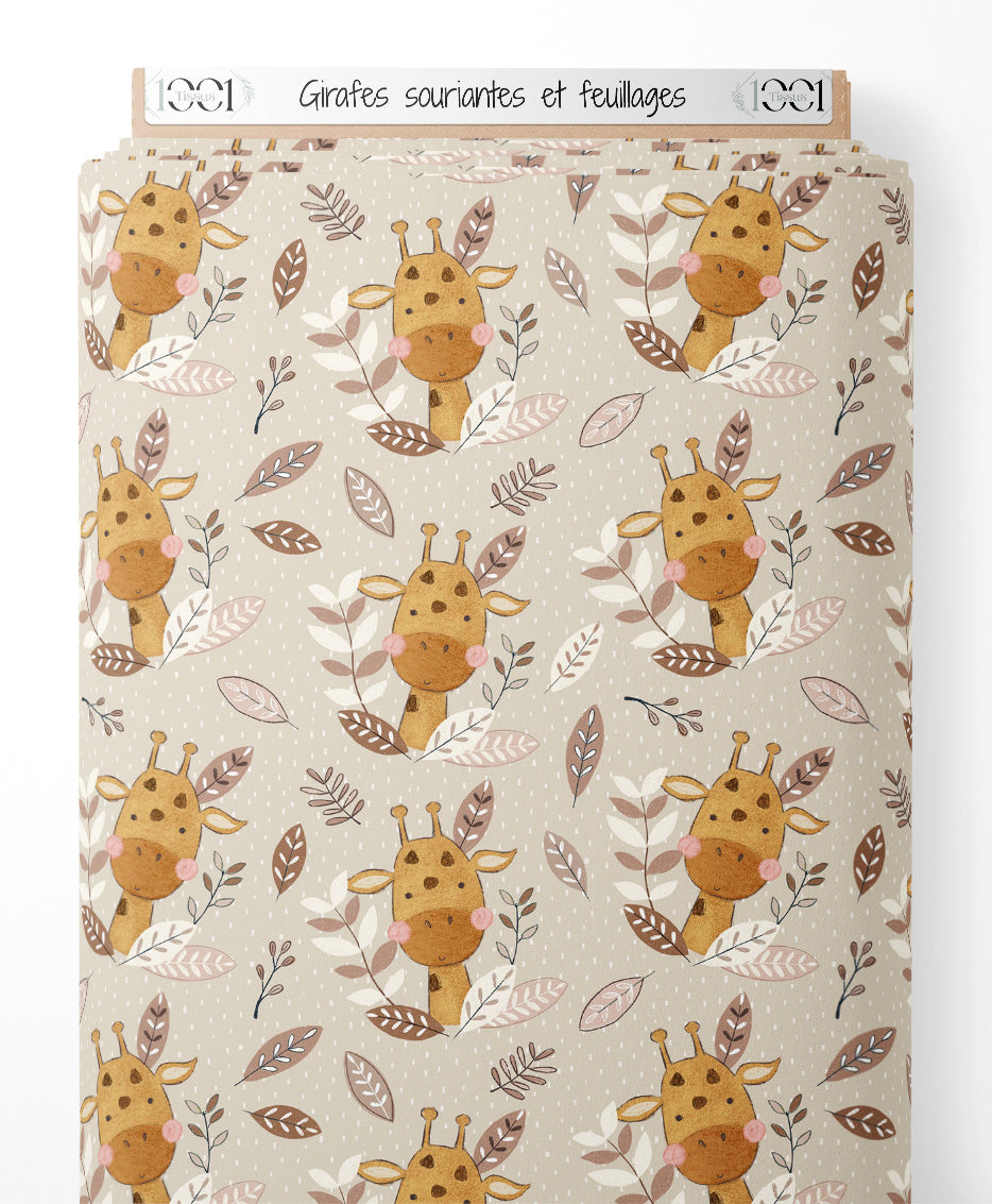 Tissu - Girafes souriantes et feuillages