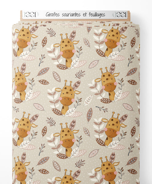 Tissu - Girafes souriantes et feuillages