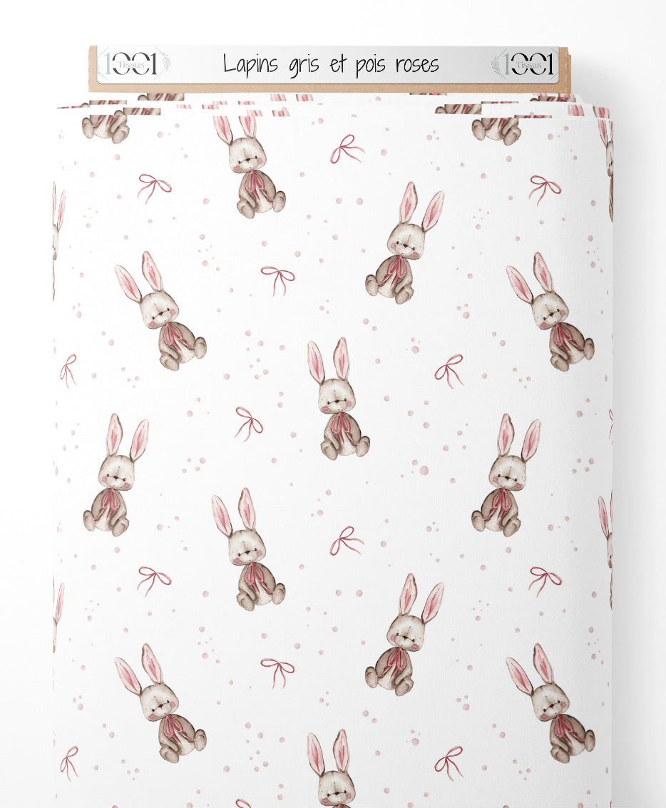 Tissu - Lapins gris et pois roses