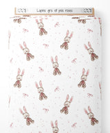 Tissu - Lapins gris et pois roses