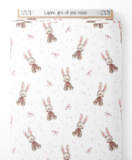 Tissu - Lapins gris et pois roses