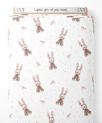 Tissu - Lapins gris et pois roses