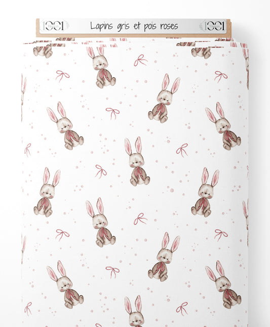 Tissu - Lapins gris et pois roses