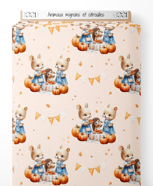 Tissu - Animaux mignons et citrouilles
