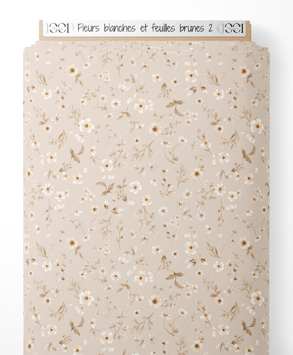 Tissu - Fleurs blanches et feuilles brunes 2