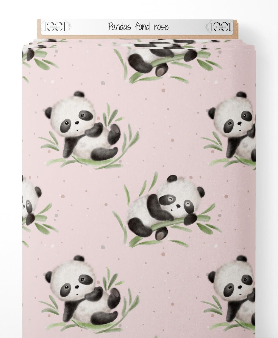 Tissu - Pandas sur fond rose