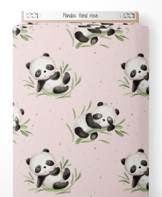 Tissu - Pandas sur fond rose