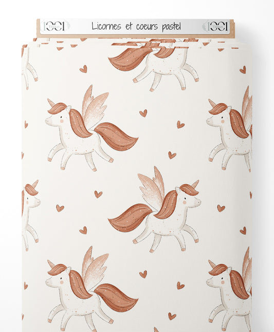 Tissu - Licornes et cœurs pastel