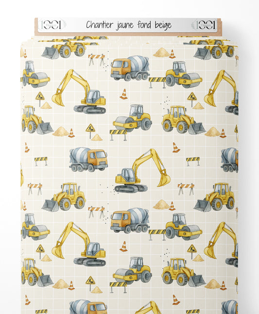 Tissu - Chantier jaune sur fond beige