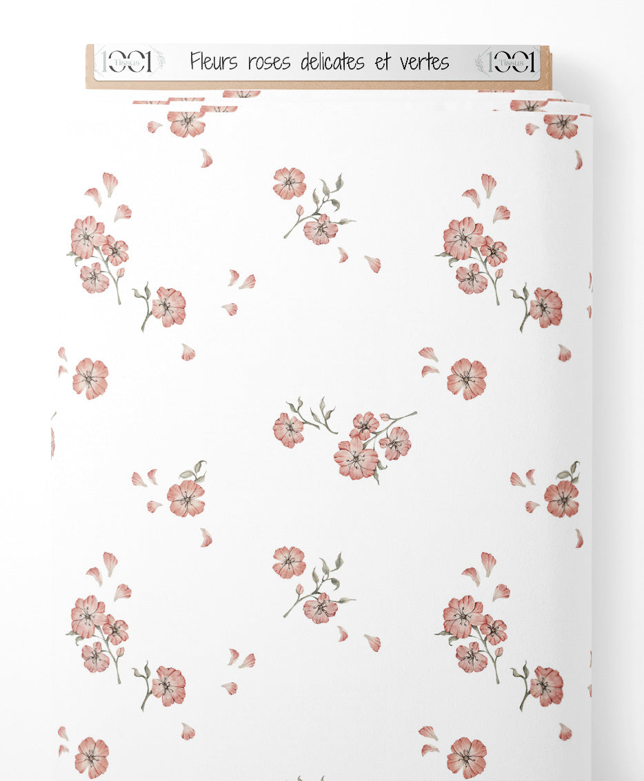Tissu - Fleurs roses délicates et vertes
