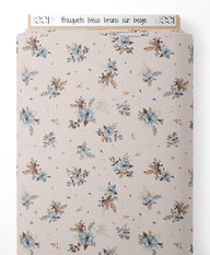 Tissu - Bouquets bleus bruns sur beige
