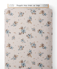 Tissu - Bouquets bleus bruns sur beige