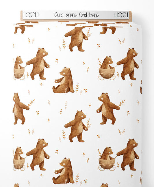 Tissu - Ours bruns sur fond blanc