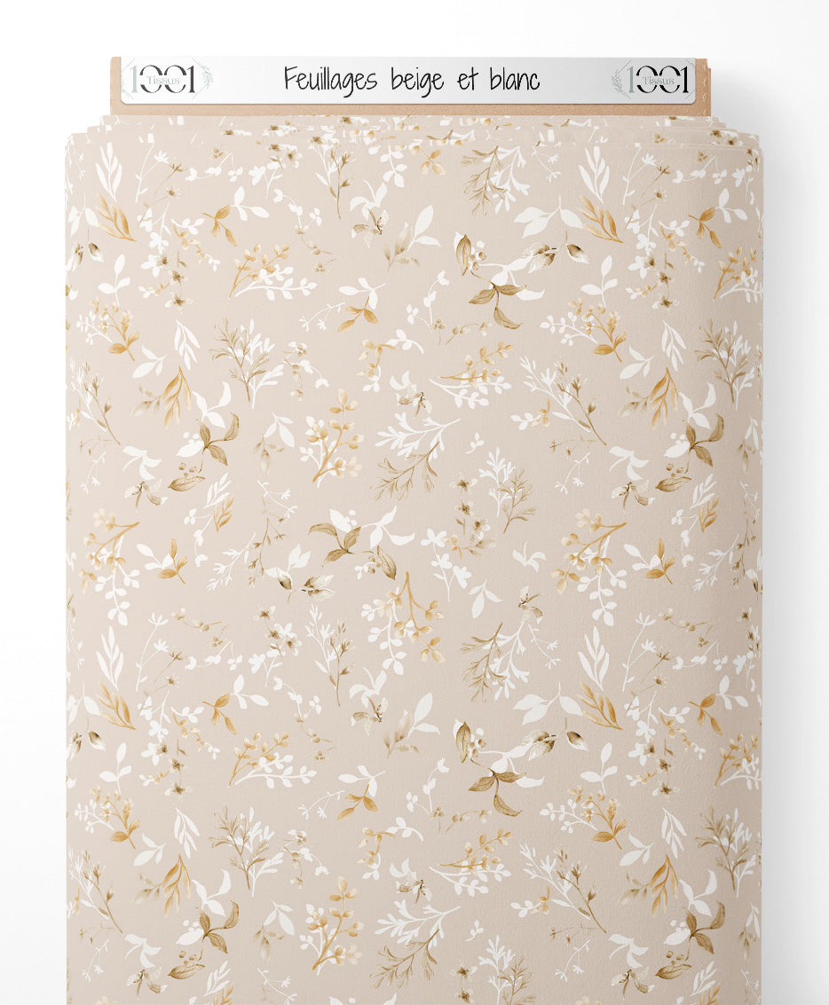 Tissu - Feuillages beige et blanc