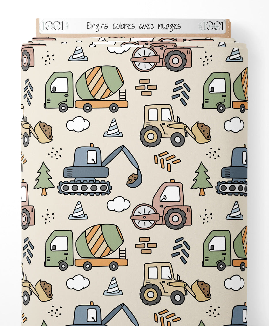 Tissu - Engins colorés avec nuages