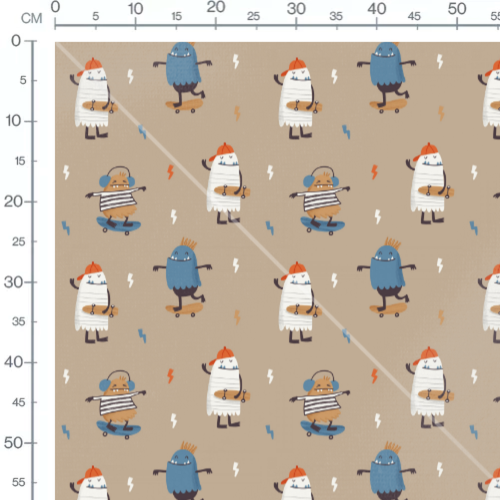 Tissu - Monstres et éclairs sur beige