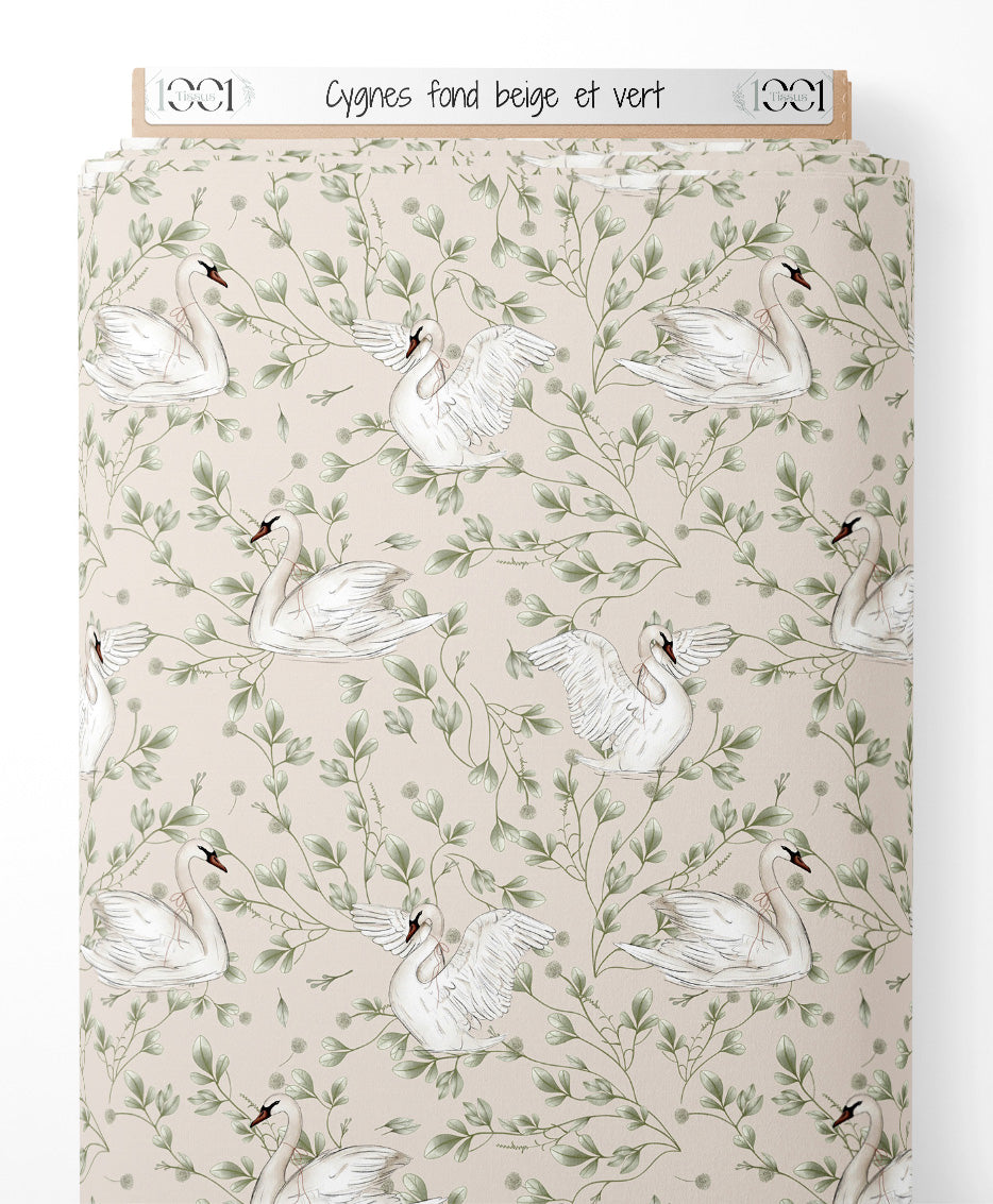 Tissu - Cygnes sur fond beige et vert