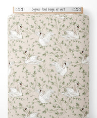 Tissu - Cygnes sur fond beige et vert