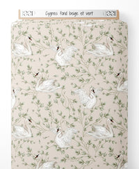 Tissu - Cygnes sur fond beige et vert