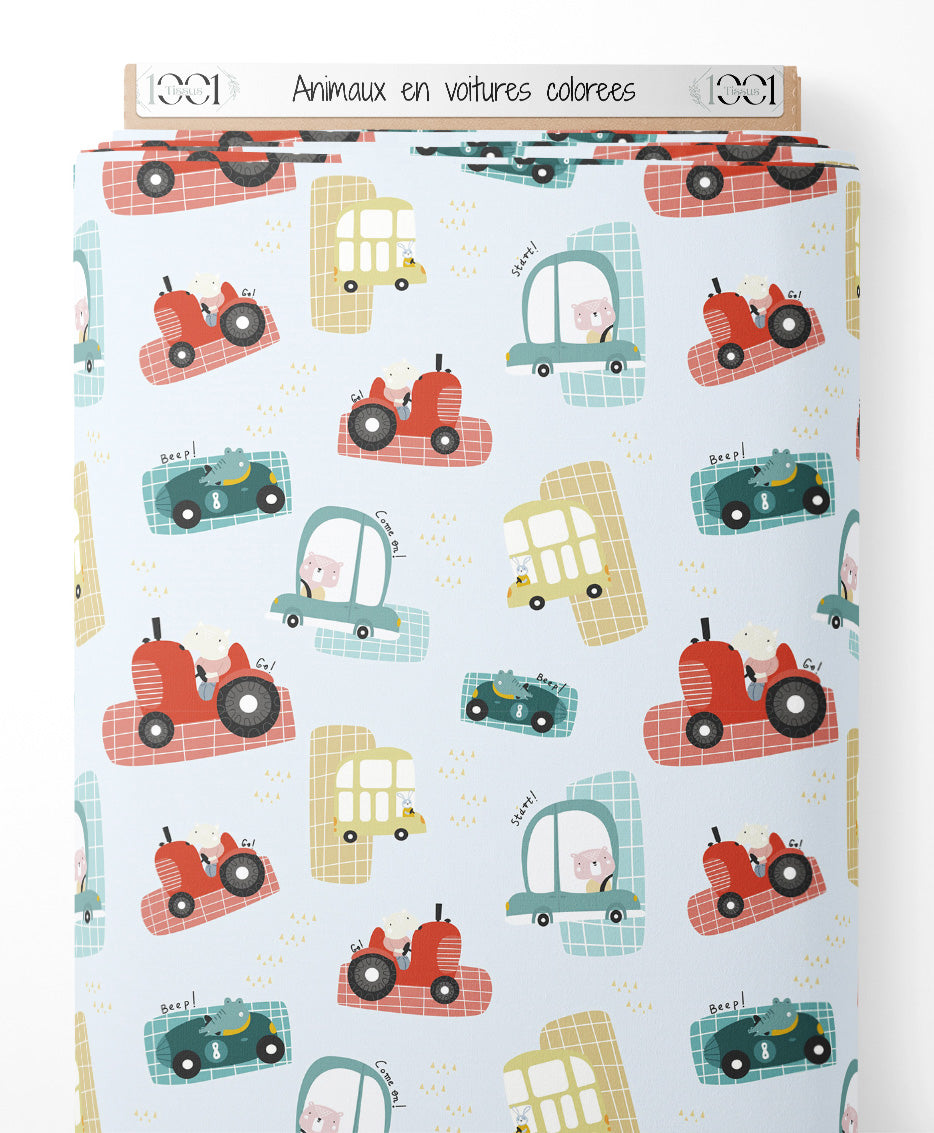 Tissu - Animaux en voitures colorées