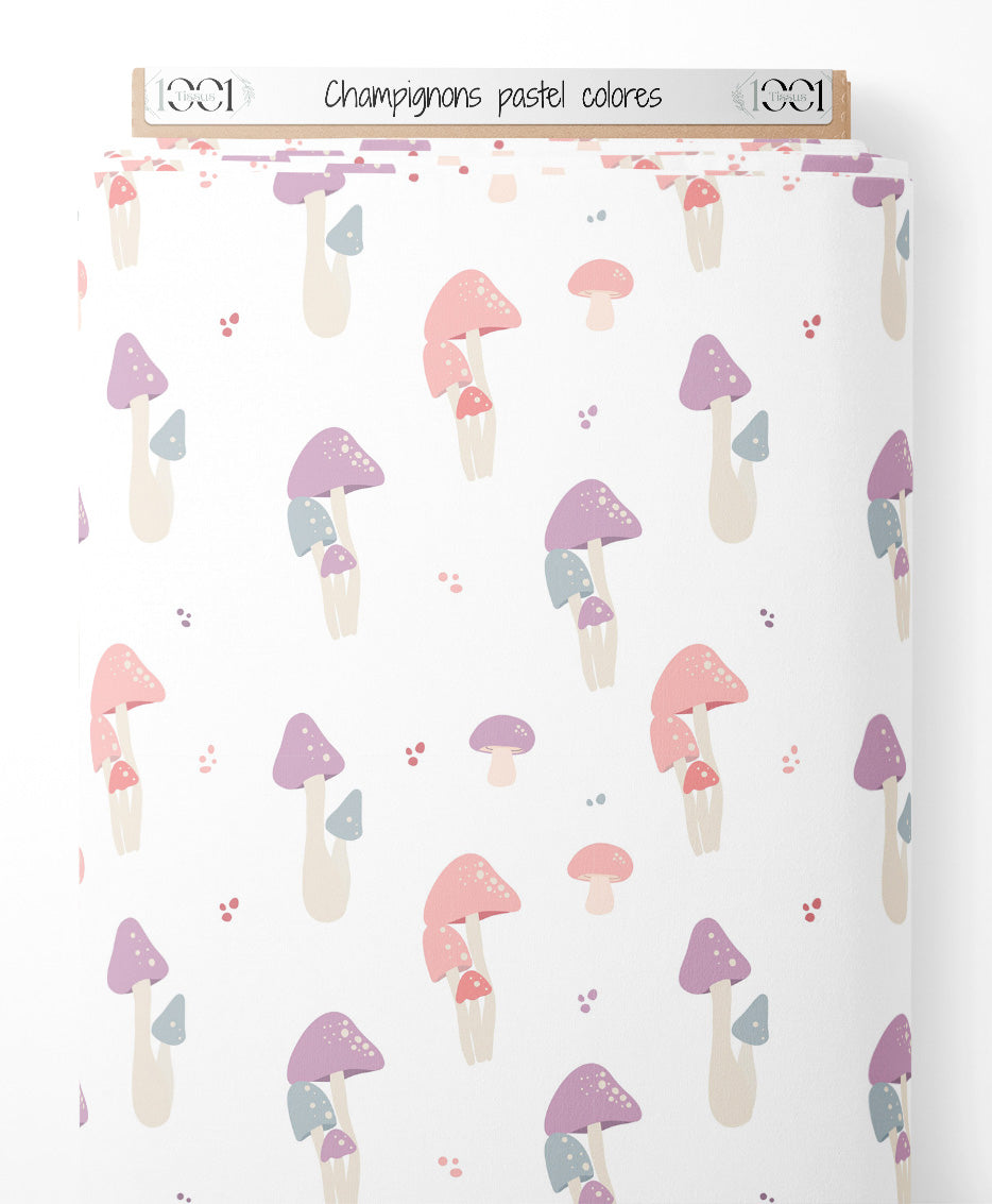Tissu - Champignons pastel colorés