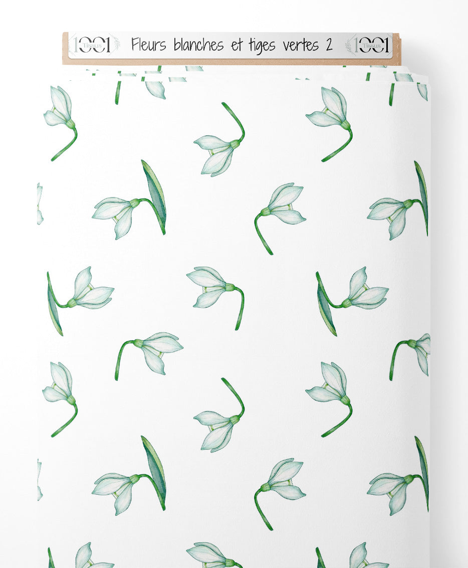 Tissu - Fleurs blanches et tiges vertes 2
