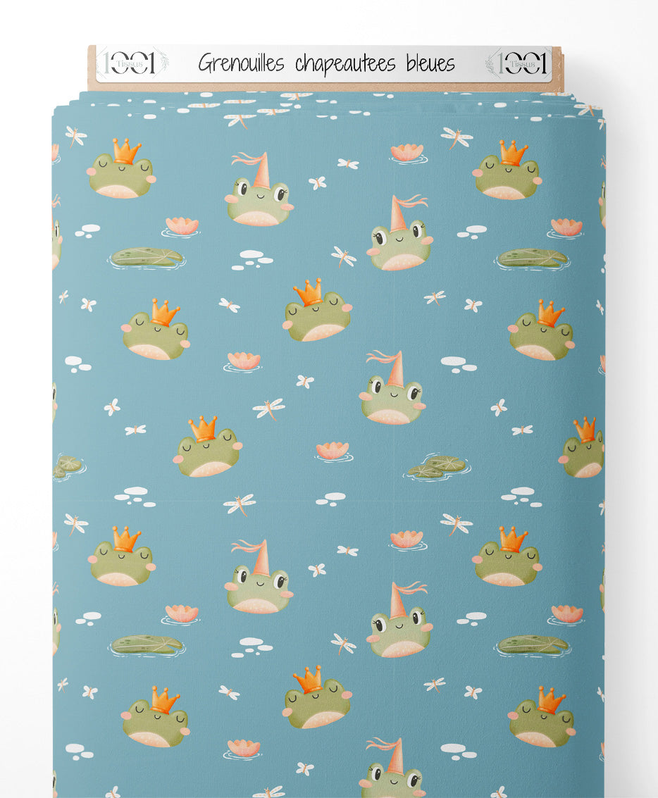 Tissu - Grenouilles chapeautées bleues
