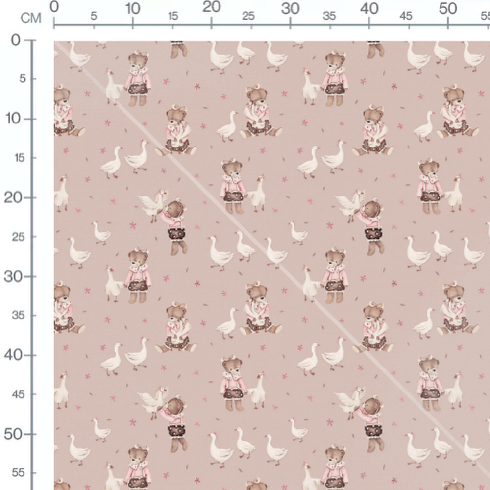 Tissu - Oursons et oies sur fond rose